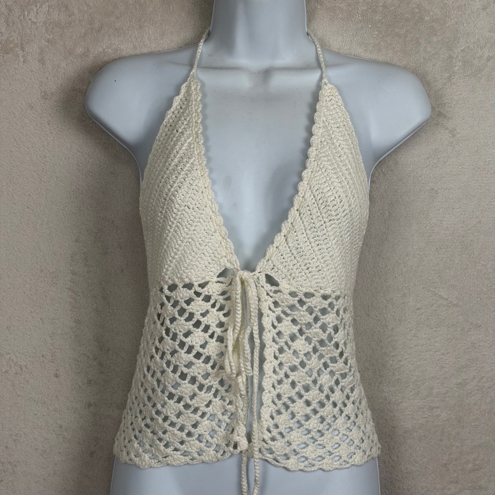 Crochet Halter Top Cream Boho Open Knit Front Tie Festival Beach Cover Up Small